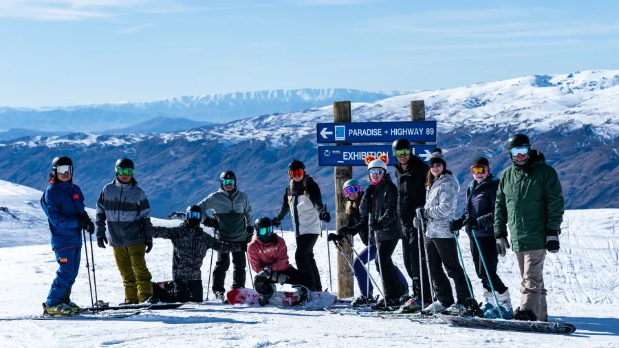 Group of skiers at Cardrona Alpine Resort on Paradise Highway 89