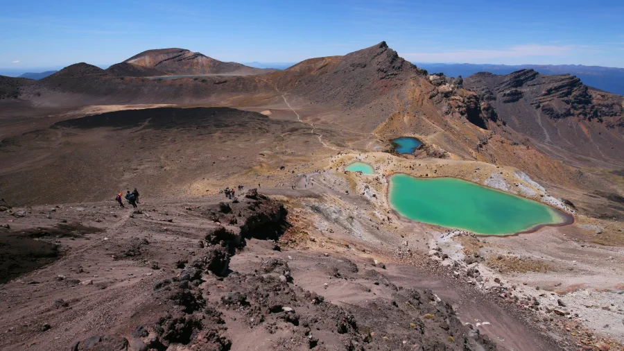 View of the Emerald Lakes from a high point on the Tongariro Alpine Crossing