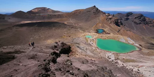 View of the Emerald Lakes from a high point on the Tongariro Alpine Crossing