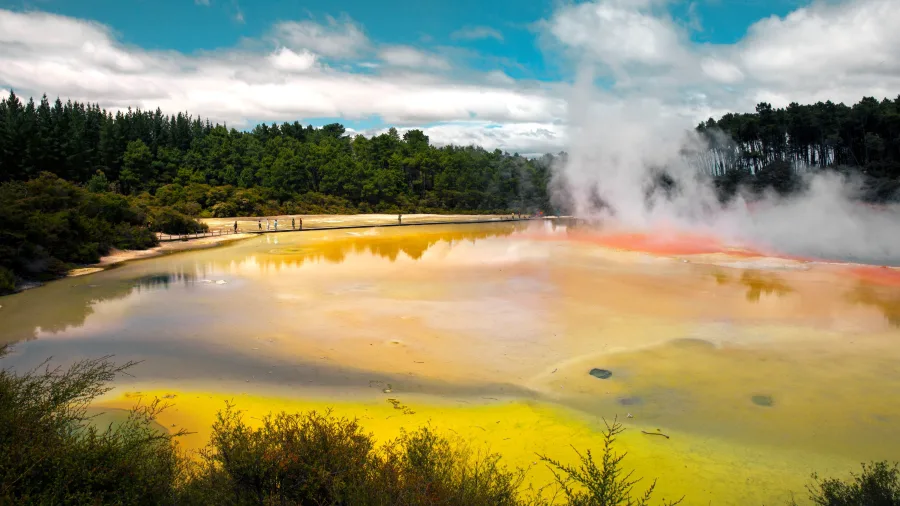 Geothermal activity and colourful waters at Wai-O-Tapu Champagne Pool near Rotorua