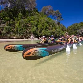 Group paddling a traditional waka in the clear shallow waters of Abel Tasman National Park