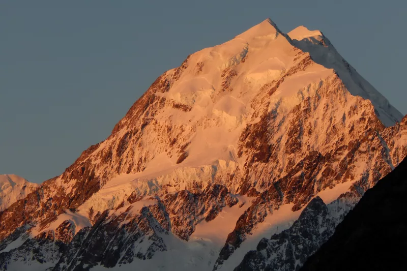 Aoraki Mount Cook summit bathed in sunset glow