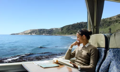 Woman enjoying sea view on Coastal Pacific train