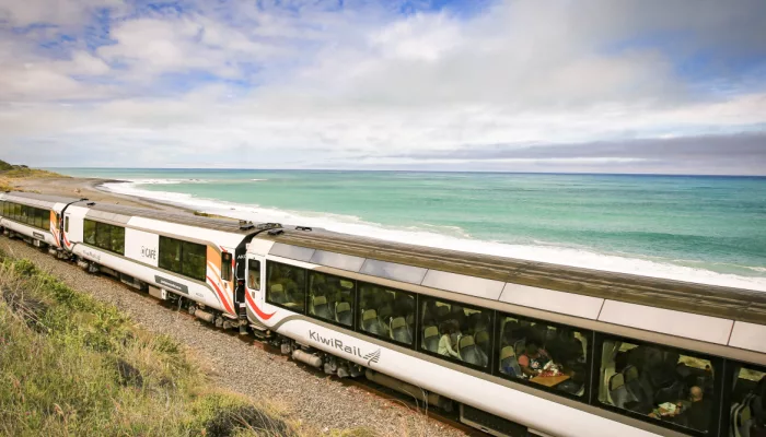 Coastal Pacific Train travelling along Kaikōura’s Willawa Point coastline