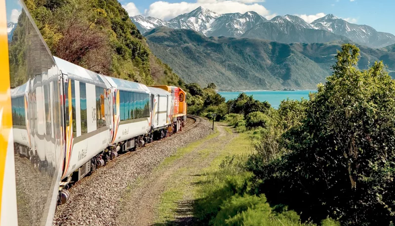 Coastal Pacific train passing through Canterbury with ocean and mountain views