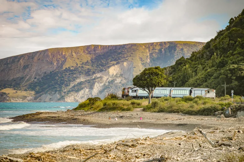 Coastal Pacific train passing along the Kaikōura coastline in South Island, New Zealand