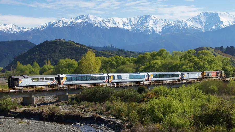 Coastal Pacific Train crossing Kahutara River near Kaikōura