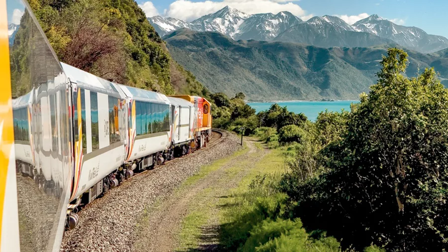 Coastal Pacific train passing through Canterbury with ocean and mountain views
