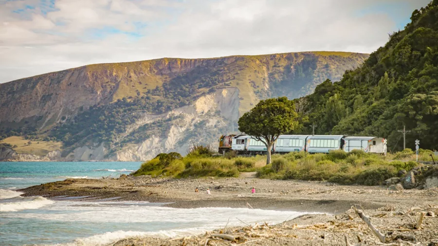 Coastal Pacific train passing along the Kaikōura coastline in South Island, New Zealand