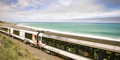 Coastal Pacific Train travelling along Kaikōura’s Willawa Point coastline