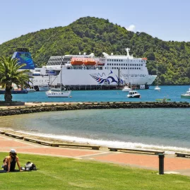 Interislander Kaitaki ferry moored at Picton waterfront
