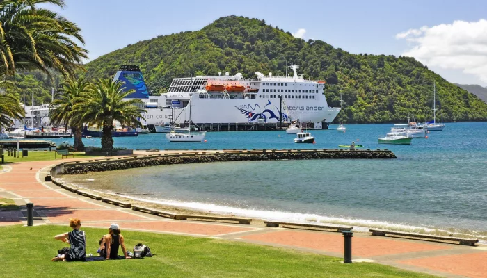 Interislander Kaitaki ferry moored at Picton waterfront