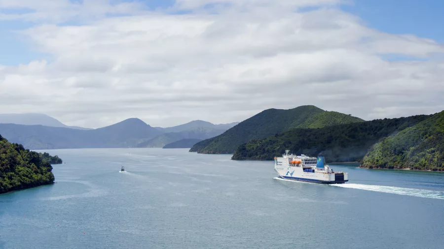 Interislander Kaitaki ferry departs Picton through Marlborough Sounds