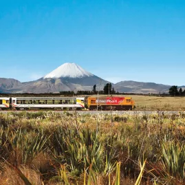 Northern Explorer Train passing a volcano in Tongariro National Park, Manawatu-Wanganui