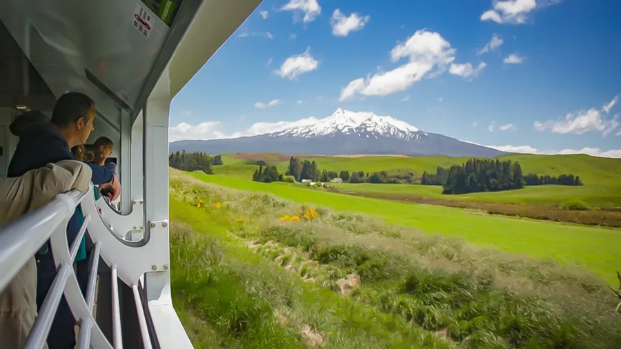 Panoramic views of Mt Ruapehu from Northern Explorer train near Ohakune