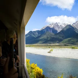View of the Southern Alps from TranzAlpine train at Arthur’s Pass