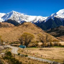 TranzAlpine train near Cass with snow-capped mountains
