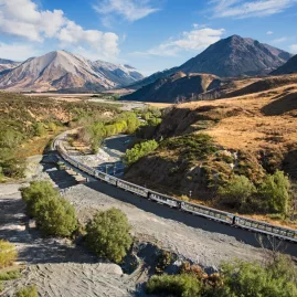 TranzAlpine train crossing Cass River between Cass and Mt White Bridge
