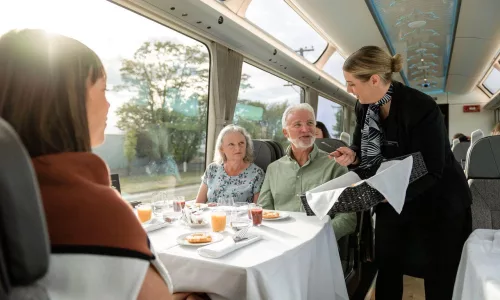 Breakfast service in Scenic Plus carriage on TranzAlpine train