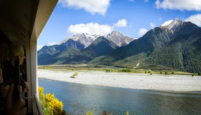 View of the Southern Alps from TranzAlpine train at Arthur’s Pass