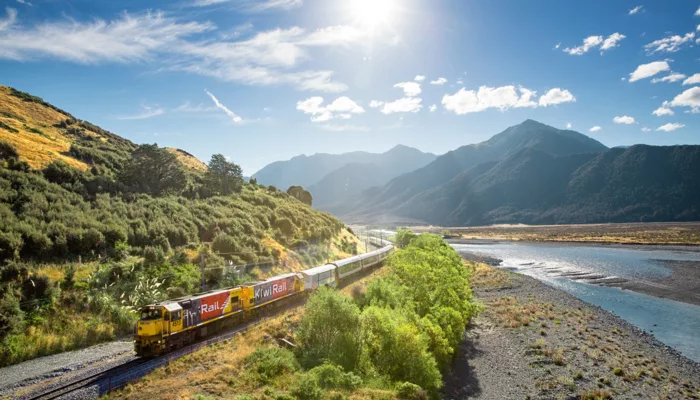 TranzAlpine Train by Waimakariri River in Canterbury near Christchurch