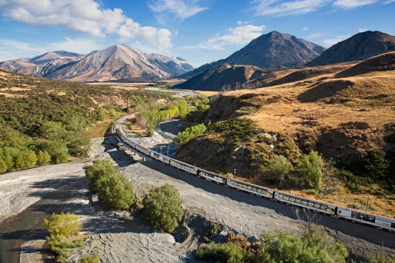 TranzAlpine train crossing Cass River between Cass and Mt White Bridge