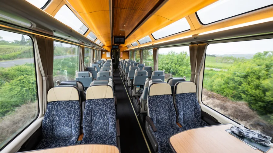 TranzAlpine train scenic interior with panoramic windows