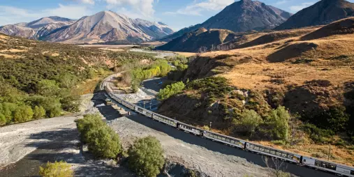 TranzAlpine train crossing Cass River between Cass and Mt White Bridge