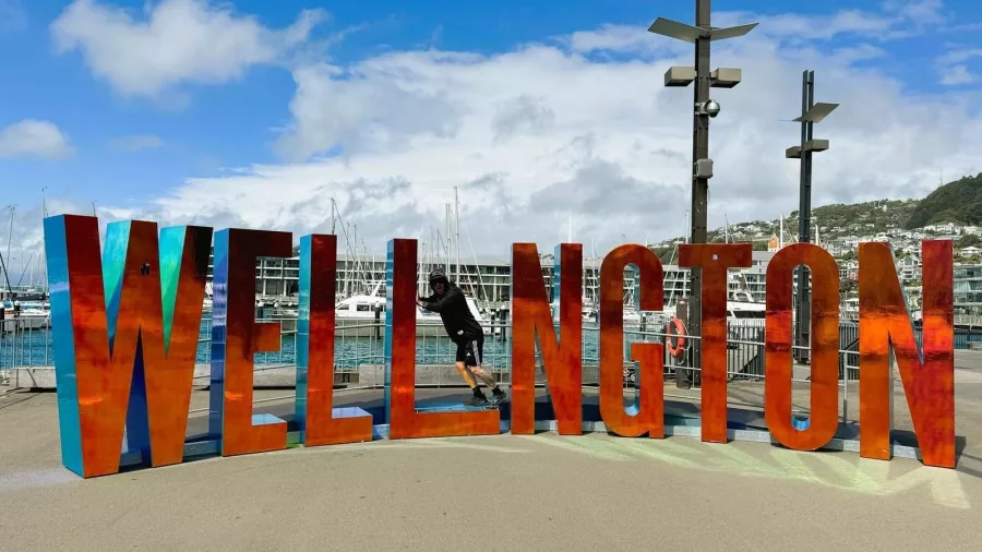 Wellington sign on the city’s waterfront with marina and hills in the background