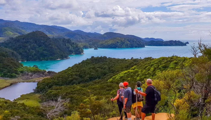 Hikers admiring coastal views in Abel Tasman National Park