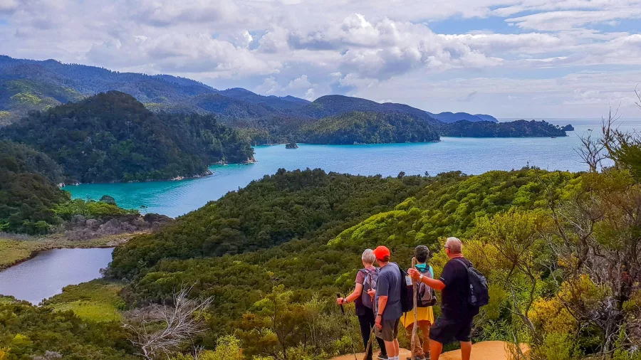 Hikers admiring coastal views in Abel Tasman National Park