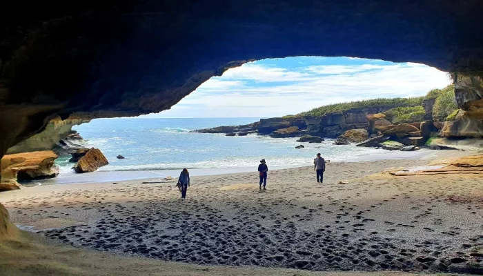 Guests walking through coastal cave onto beach near Cape Foulwind