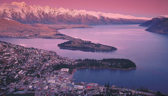 Aerial view of Queenstown and Lake Wakatipu at sunset