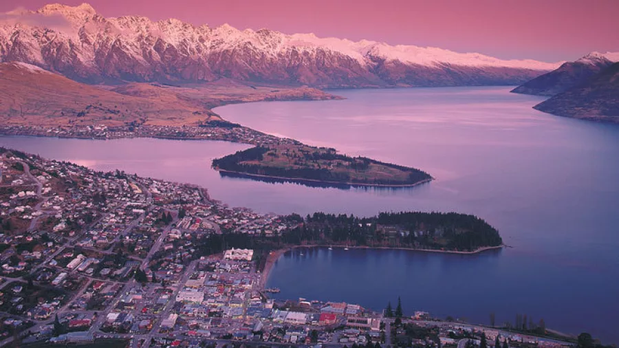 Aerial view of Queenstown and Lake Wakatipu at sunset