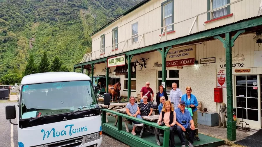 MoaTours guests outside the historic Cardrona Hotel in Central Otago