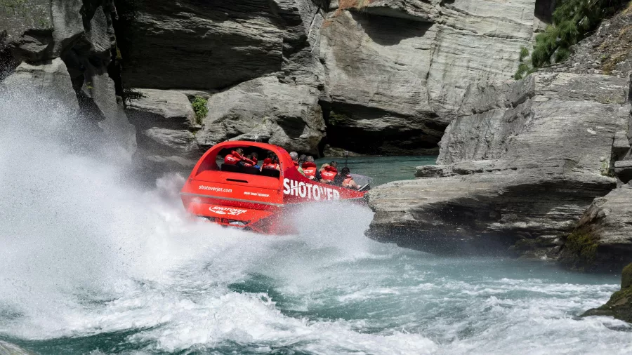 Shotover Jet boat entering tight rock passage