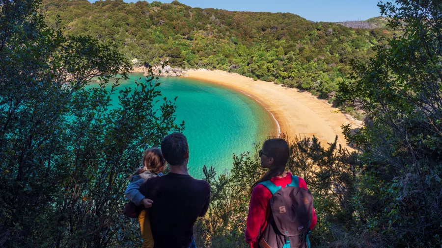 Family enjoying a scenic lookout over Anchorage Bay in Abel Tasman National Park