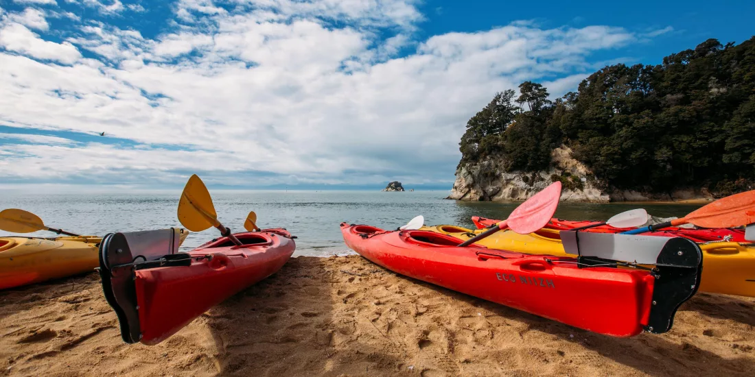 Colourful sea kayaks lined up on the sand at Kaiteriteri Beach