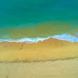 Top-down drone view of waves meeting the golden sand at Kaiteriteri
