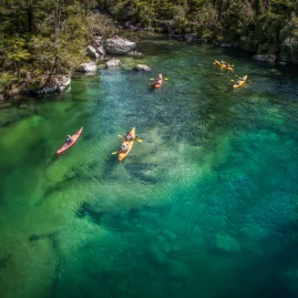 Group kayaking through the clear green waters of Falls River in Abel Tasman