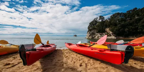 Colourful sea kayaks lined up on the sand at Kaiteriteri Beach