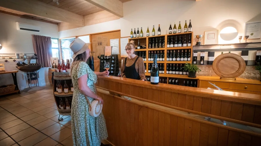 Visitor chatting with the host at Seifried Estate cellar door, Nelson