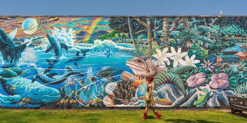 Colourful street art mural in Takaka, Golden Bay