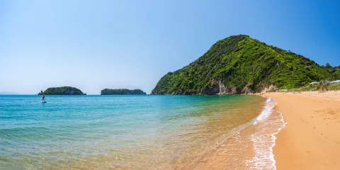 Golden sand shoreline and clear water at Tata Beach, Golden Bay