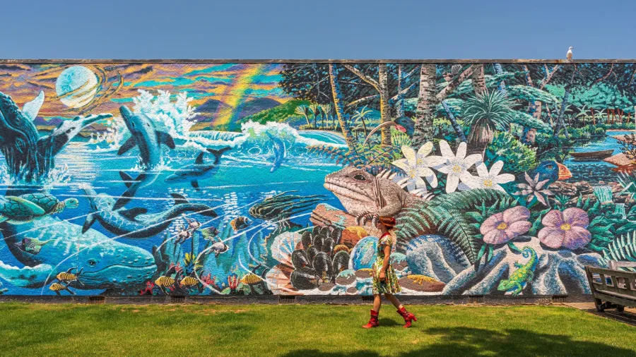 Colourful street art mural in Takaka, Golden Bay