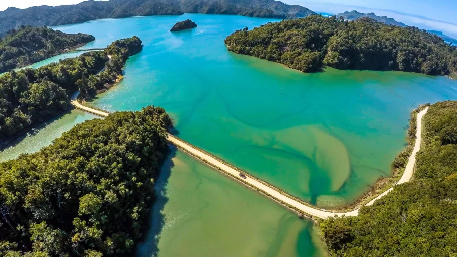 Aerial view of the road to Westhaven in Kahurangi National Park, near Collingwood