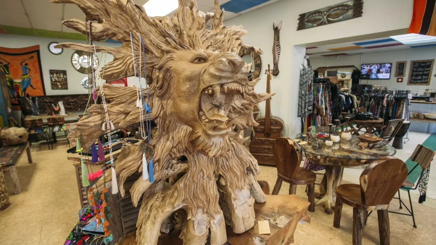 Intricate wooden lion sculpture in a Takaka gift shop in Golden bay
