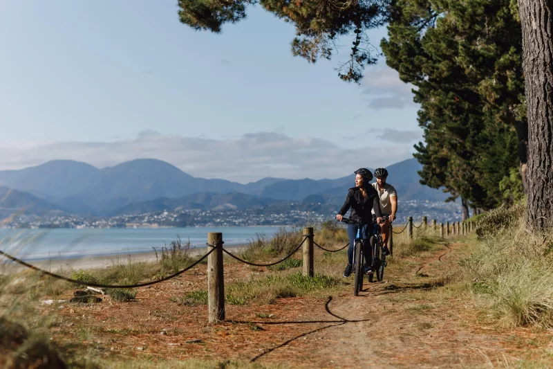 Cyclists on a coastal path at Rabbit Island along the Great Taste Trail to Mapua