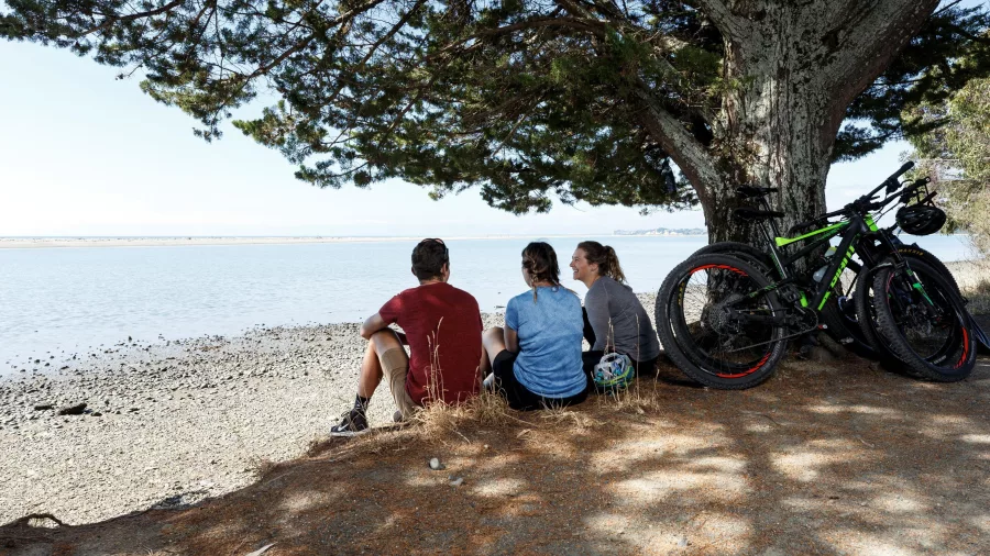 Cyclists taking a break in the shade beside the Great Taste Trail on the Ruby Coast
