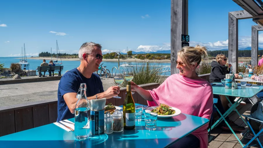 Harbourfront dining at Jellyfish Restaurant, Mapua Wharf